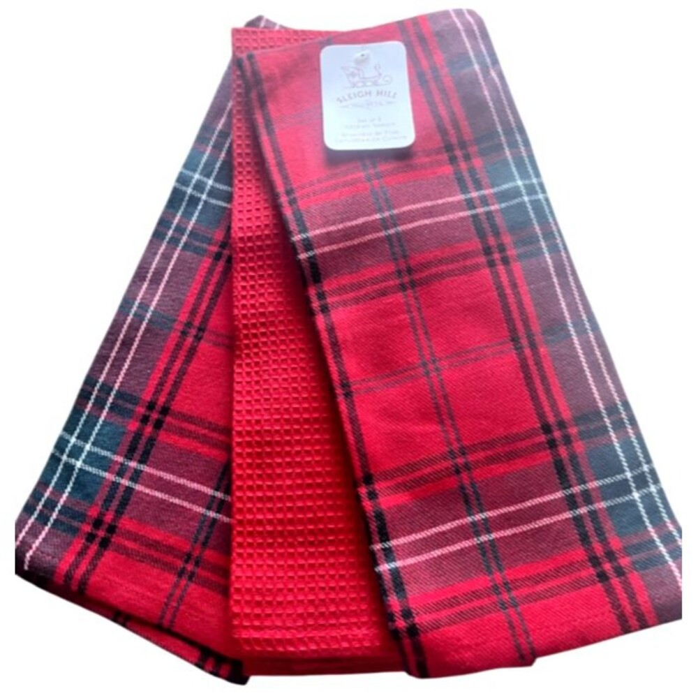 Sleigh Hill Christmas Tartan Plaid Kitchen Dish Towels Green Red White Set of 3